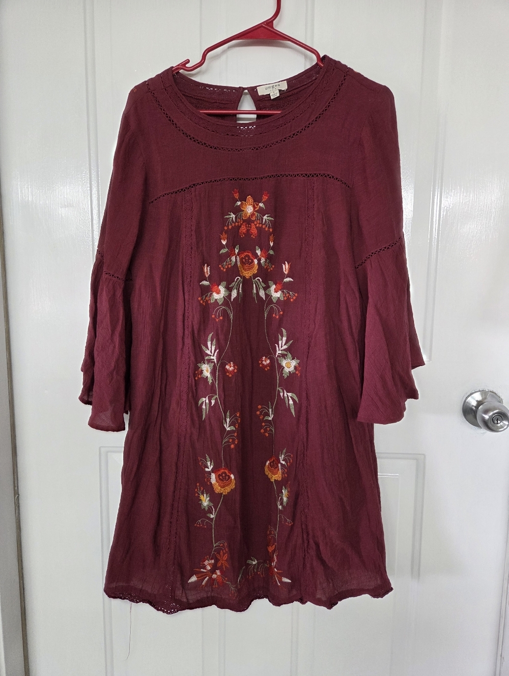 UMGEE L Women's Embroidered Maroon Boho Dress
